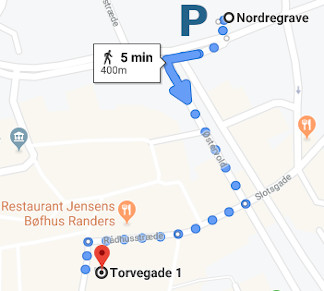 Google map aktivt kort der viser vej til klinikken
